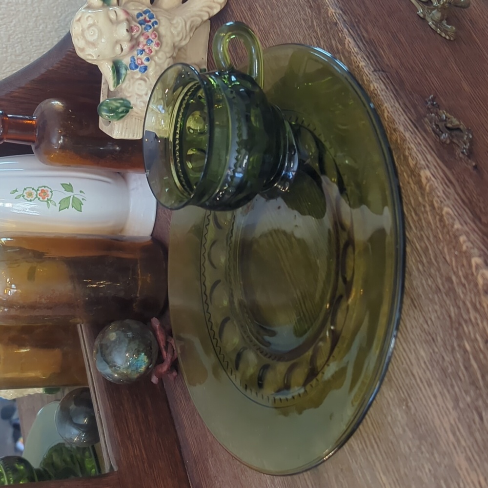 Vintage Indiana Glass Green Thumbprint Plate and Cup Set